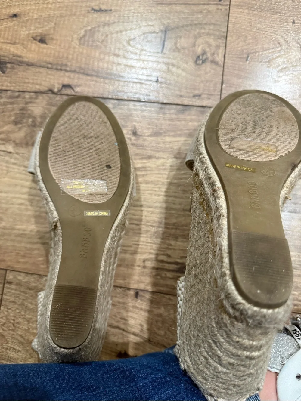 BAMBOO Beige Canvas Espadrille Wedge Sandals with Brown Ankle Strap